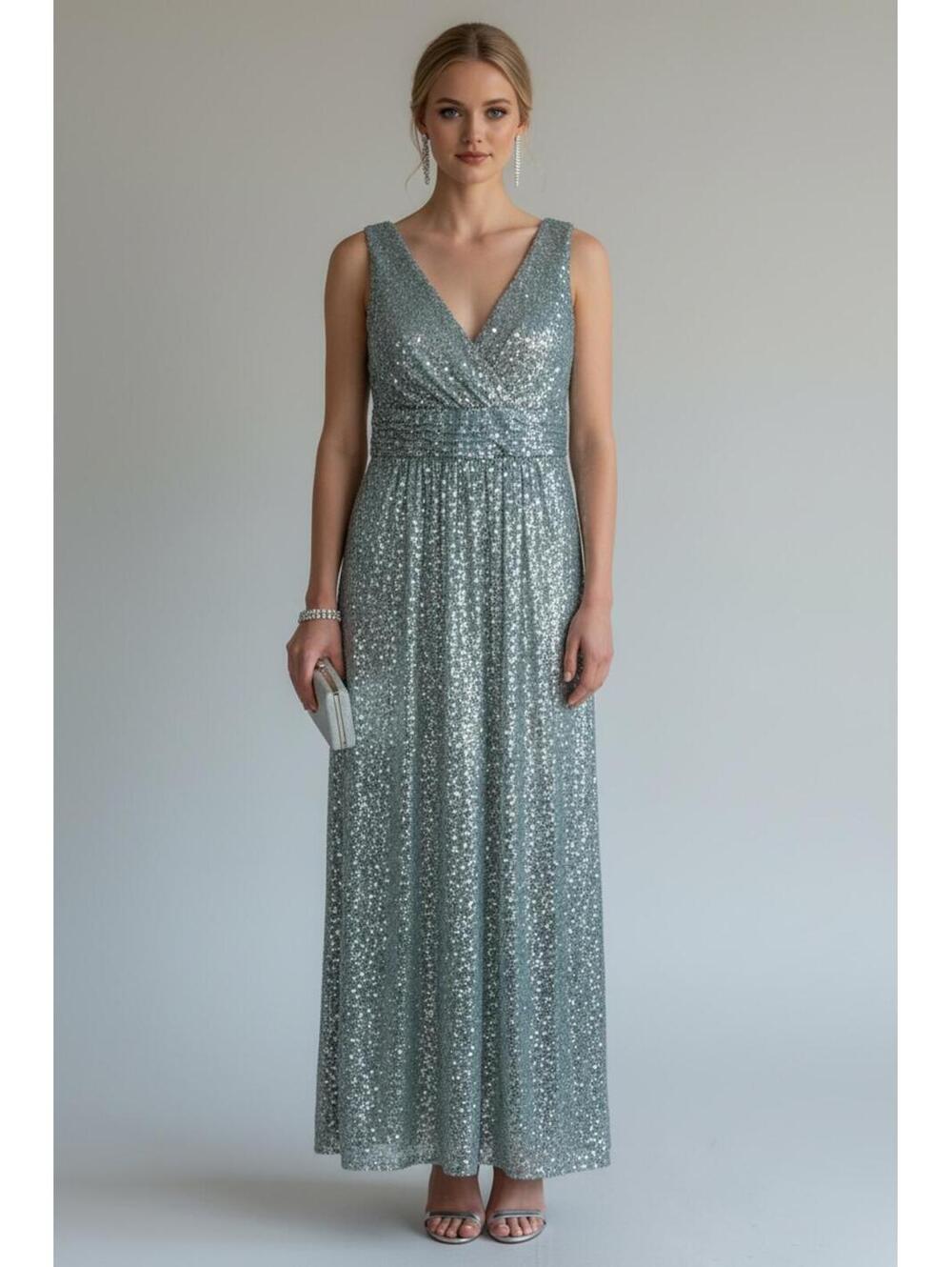 Kate Kasin Metallic Shimmer Sequin Evening Gown Floor Length Prom Dress, Size 10 - Picture 1 of 6